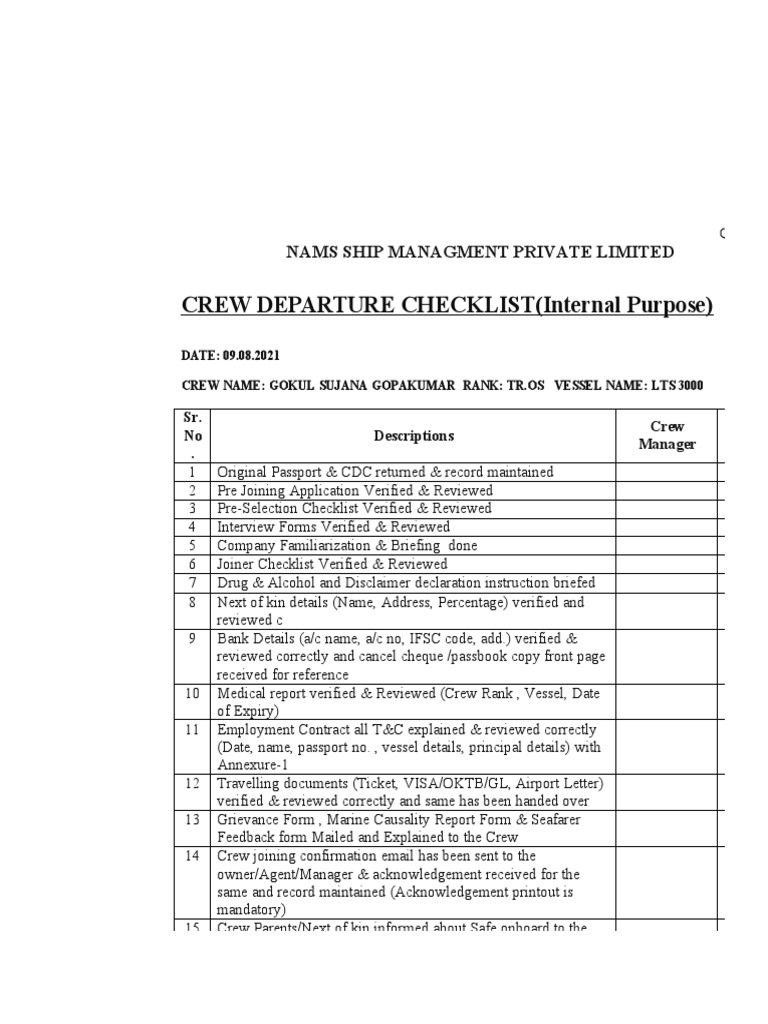 Check List For Job Interview in Ship PDF Crimes Crime & Violence
