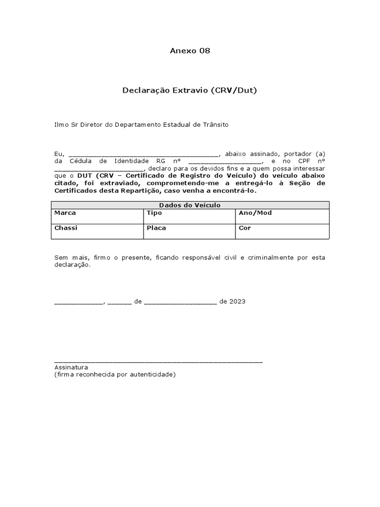 Declaração de Extravio de DUT | PDF