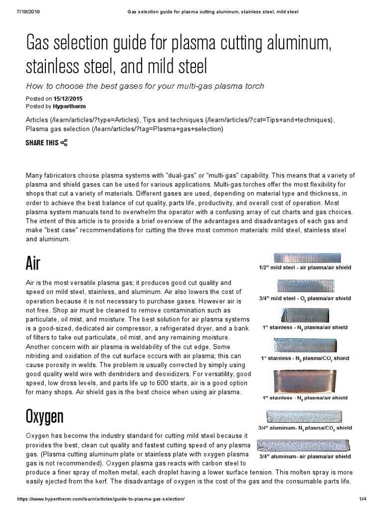 Gas Selection Guide For Plasma Cutting Aluminum, Stainless Steel, Mild