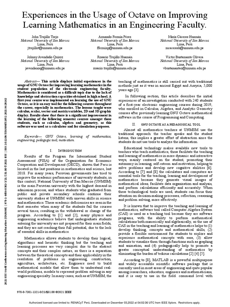 Experiences in the usage of octave on improving learning mathematics in