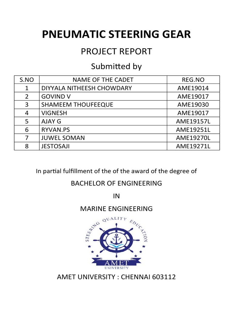 Analysis of a Pneumatic Steering Gear Project Report Submitted by