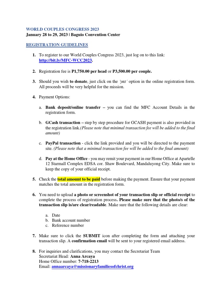 WCC 2023 Registration Guidelines PDF | PDF | Career & Growth
