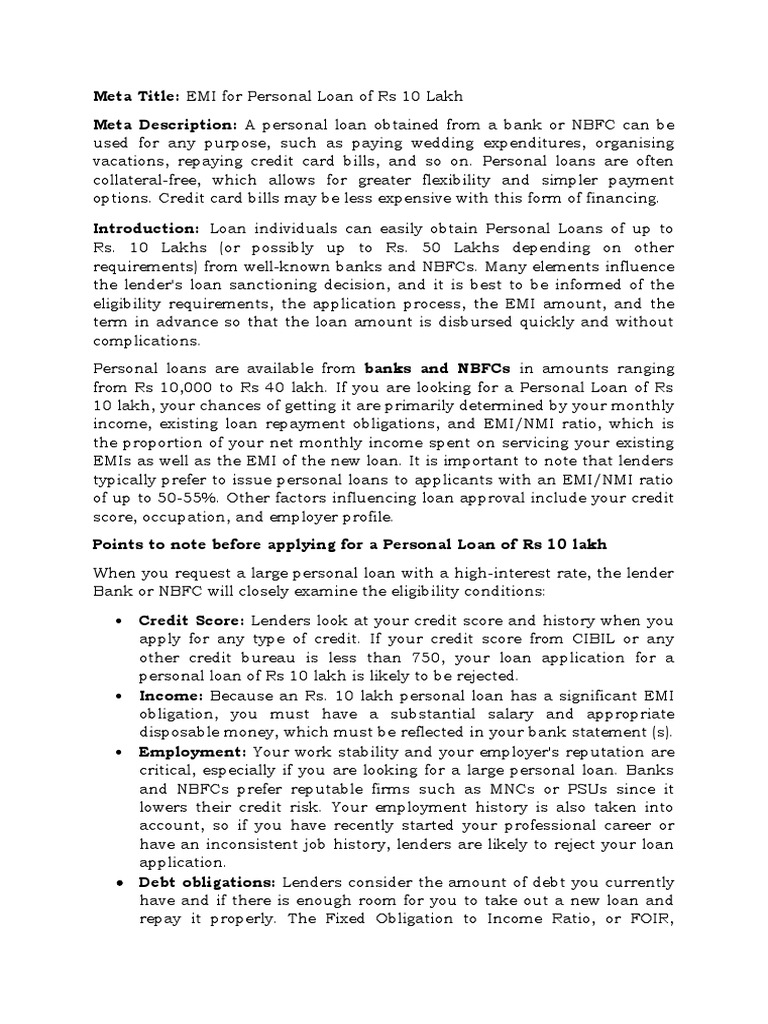 Meta title emi for personal loan of rs 10 lakh meta description a