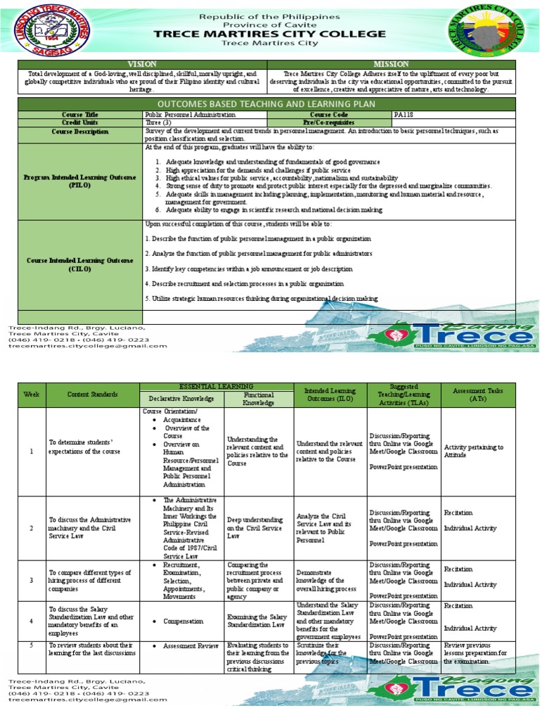Outcomes based teaching and learning plan vision mission pdf human