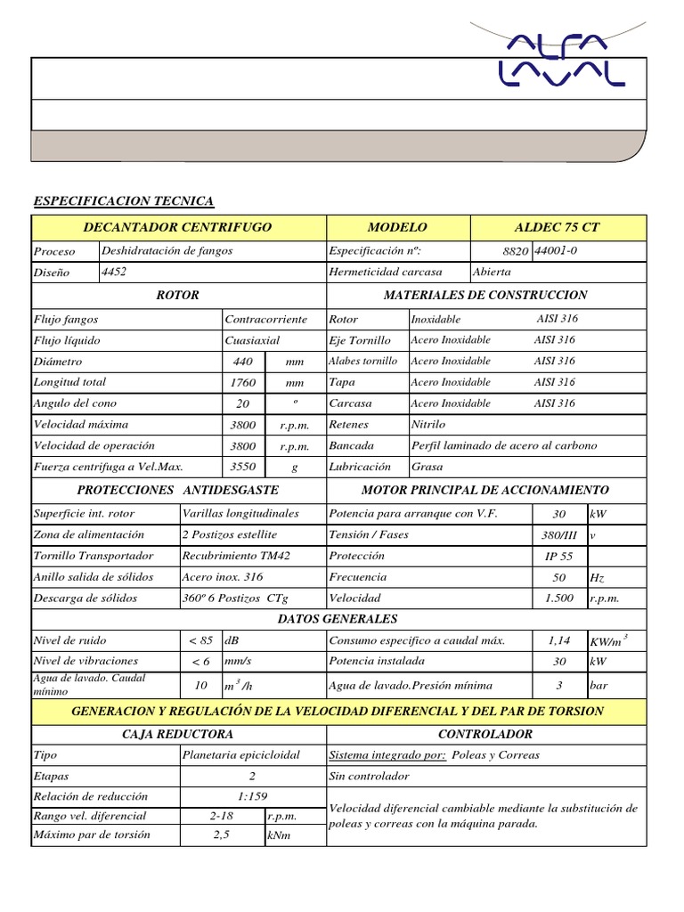 Especificaciones Decantador Alfa Laval Aldec 75 CT | PDF | Tornillo | Acero