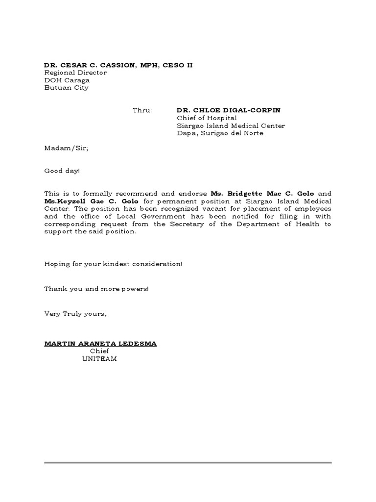 Endorsement Letter For Nurse Position PDF