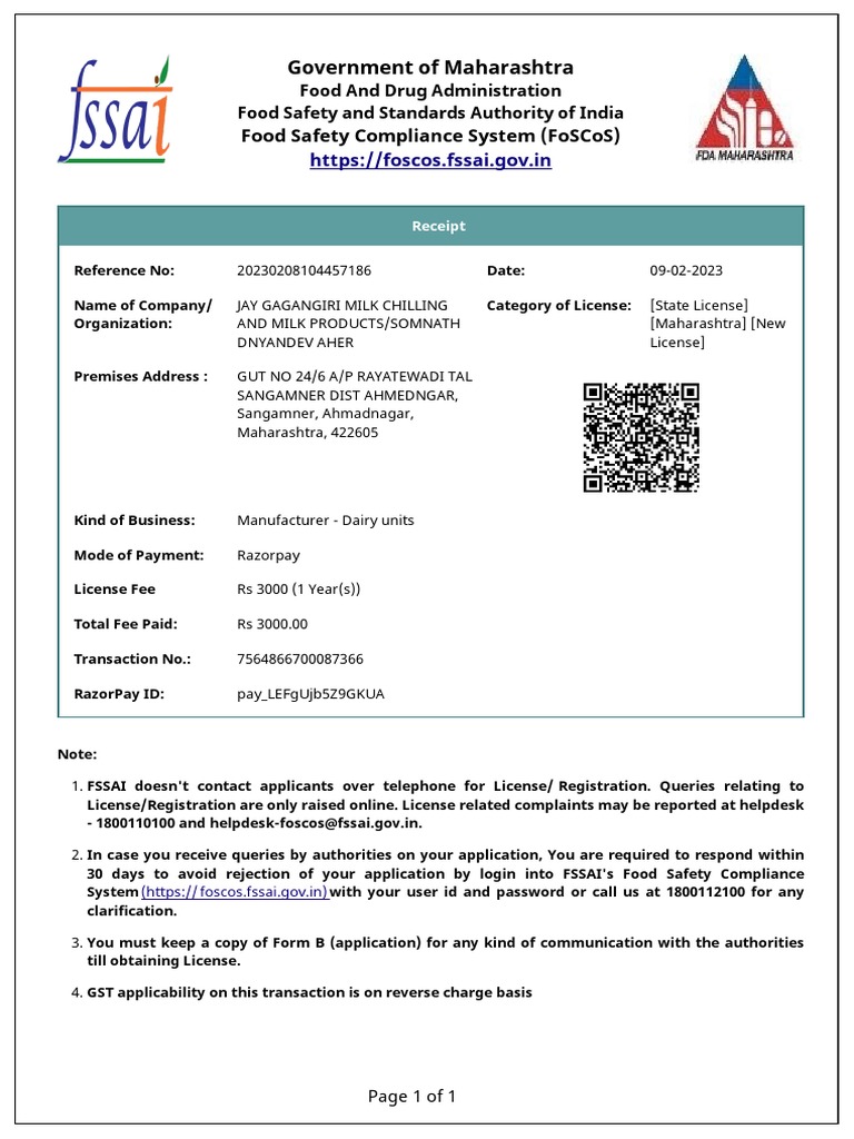 Fssai Lic Fee Receipt DT 09022023 PDF