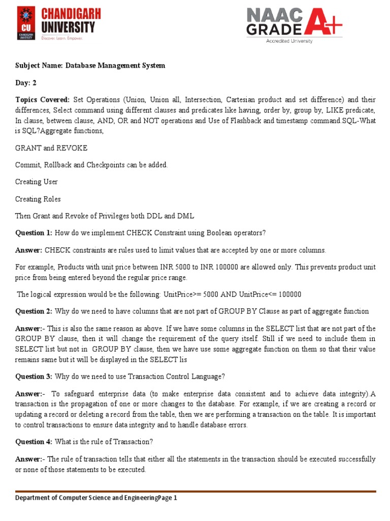 Day 2 PI Questions PDF Relational Database Databases