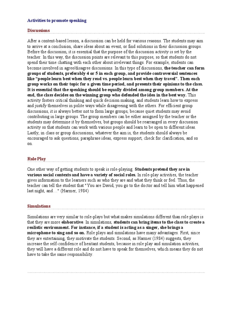 Activities To Promote Speaking | PDF | Storytelling | Brainstorming