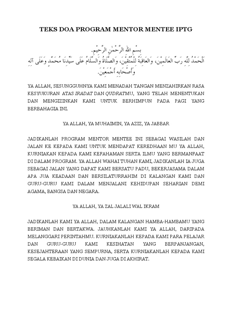 Doa Pelancaran Program Mentor Mentee | PDF | Karier & Perkembangan
