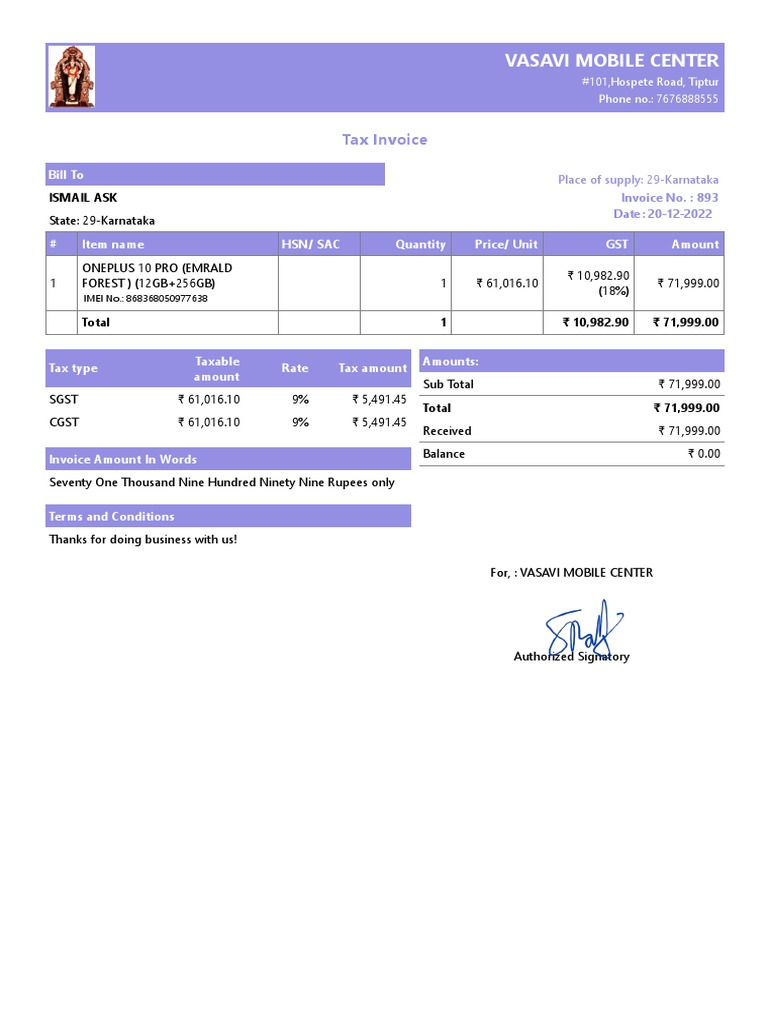 Tax Invoice for OnePlus 10 Pro Purchase | PDF | Government | Public Finance