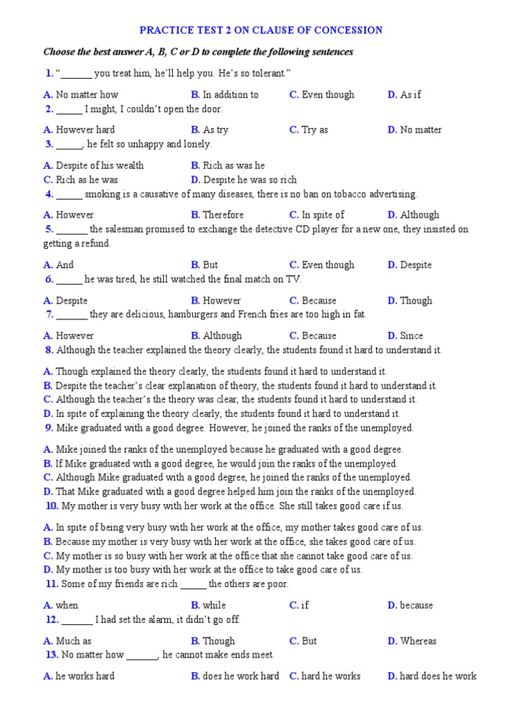 Practice Test 2 On Clause of Concession No Key PDF Edible Mushroom