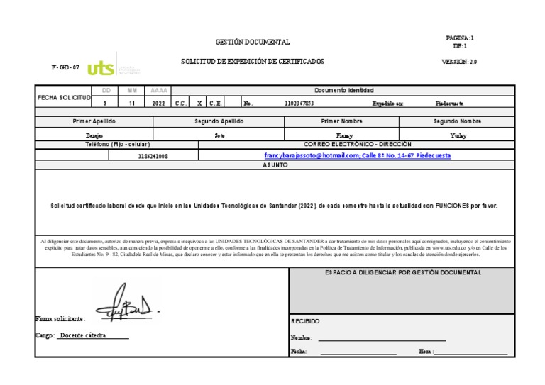 Solicitud de Certificado UTS | PDF