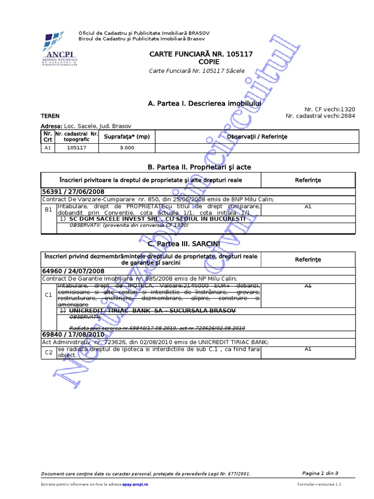 Carte Funciară Nr. 105117 Copie: Extrase Pentru Informare On-Line La ...