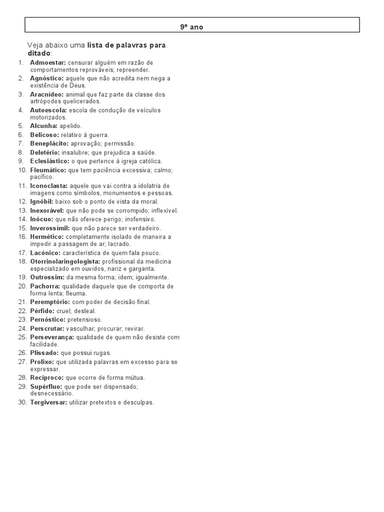 Lista de Palavras para Ditado 9º Ano | PDF