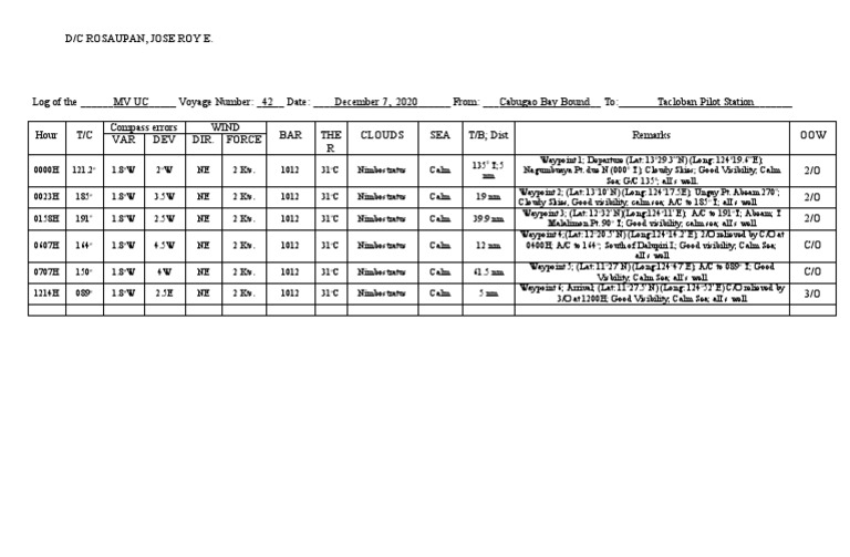 Deck Log Sample for MV UC Voyage 42 | PDF | Navigation