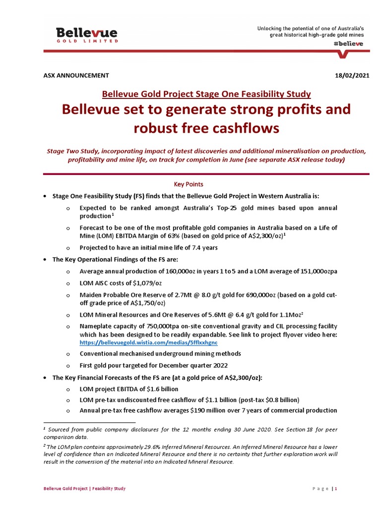Bellevue Gold Project Feasibility Study | PDF | Mining | Feasibility Study