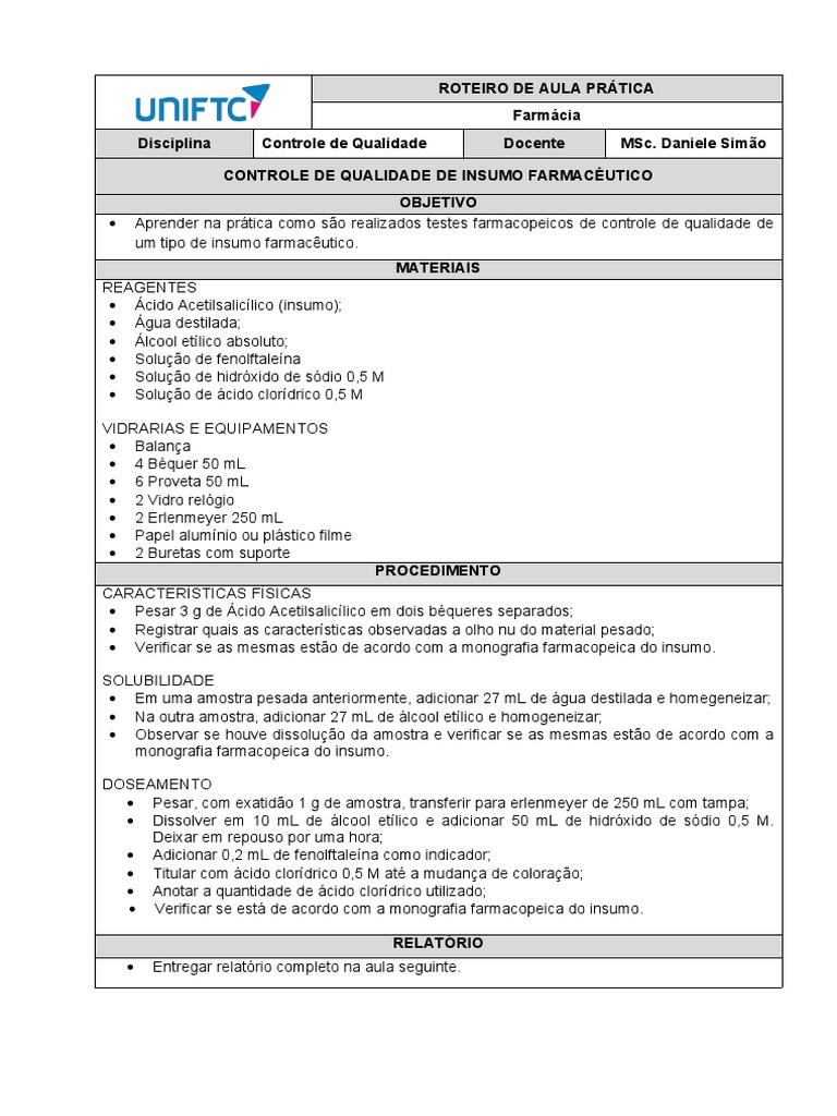 Controle de qualidade de cido acetilsalic lico procedimentos pr ticos