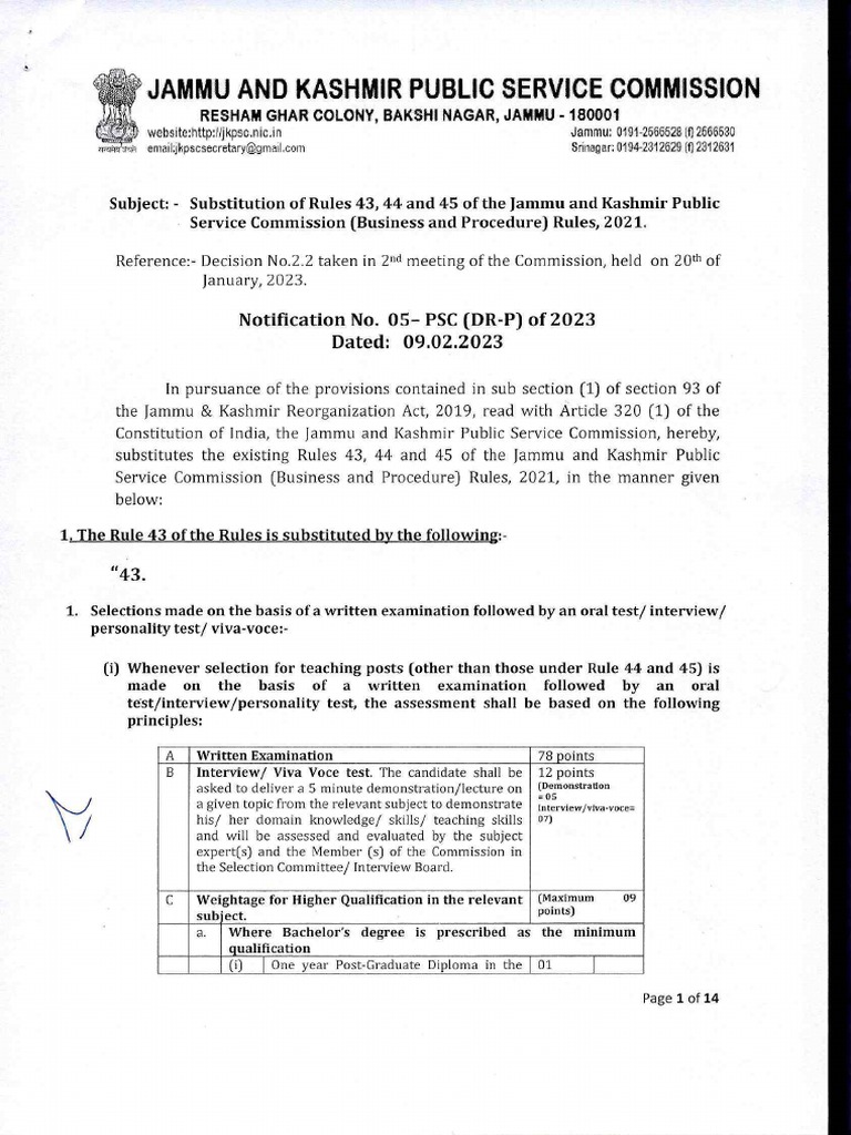 Substitution of Rules 43 44 and 45 of The JK Public Service Commission
