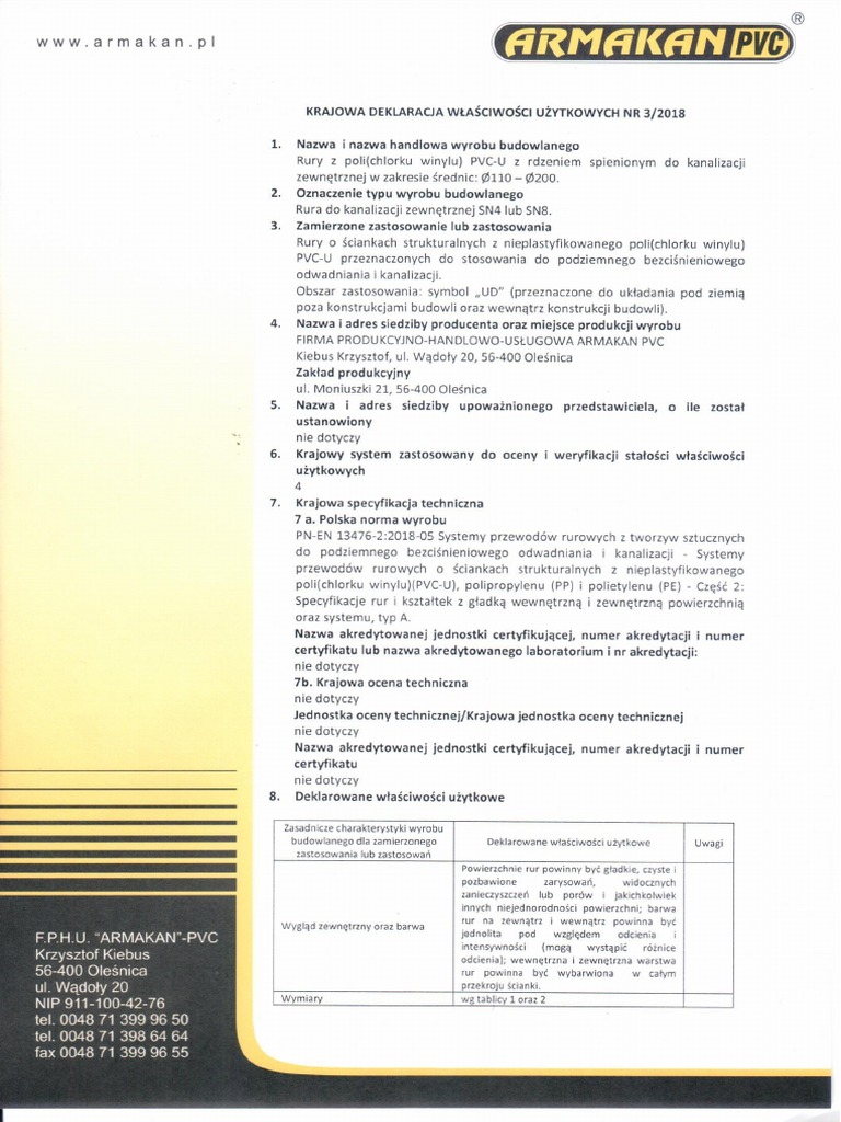 National Declaration of Performance For The External Pipes PVC SN4 I