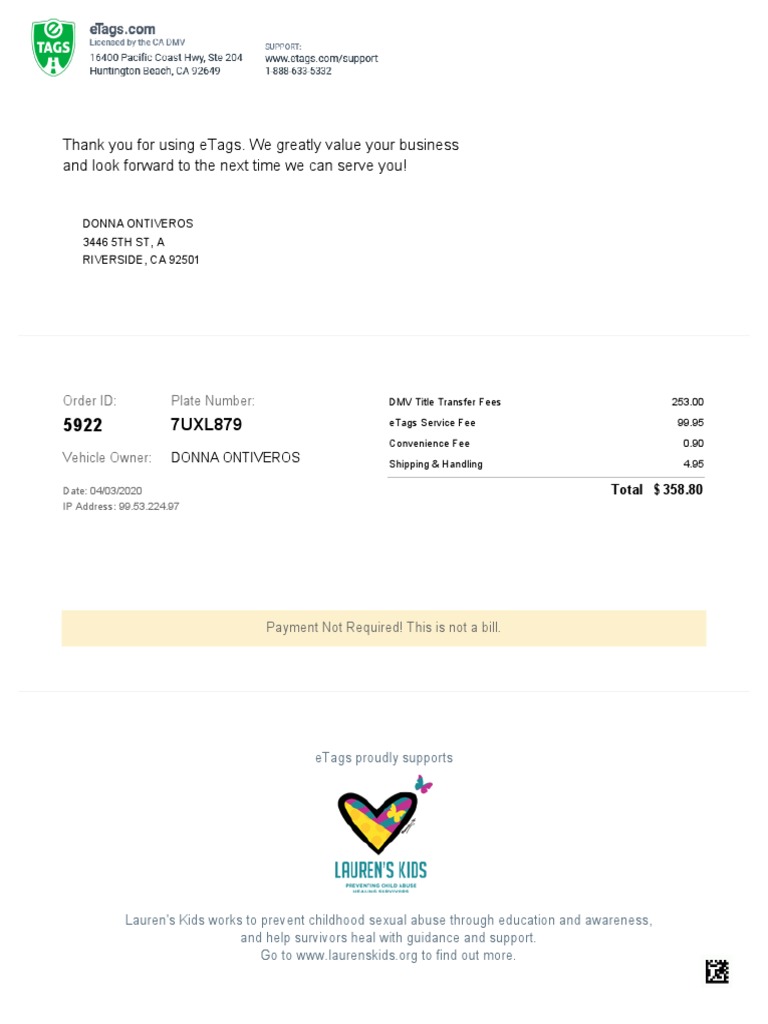 Thank You for Your Business Receipt for DMV Title Transfer Fees, eTags