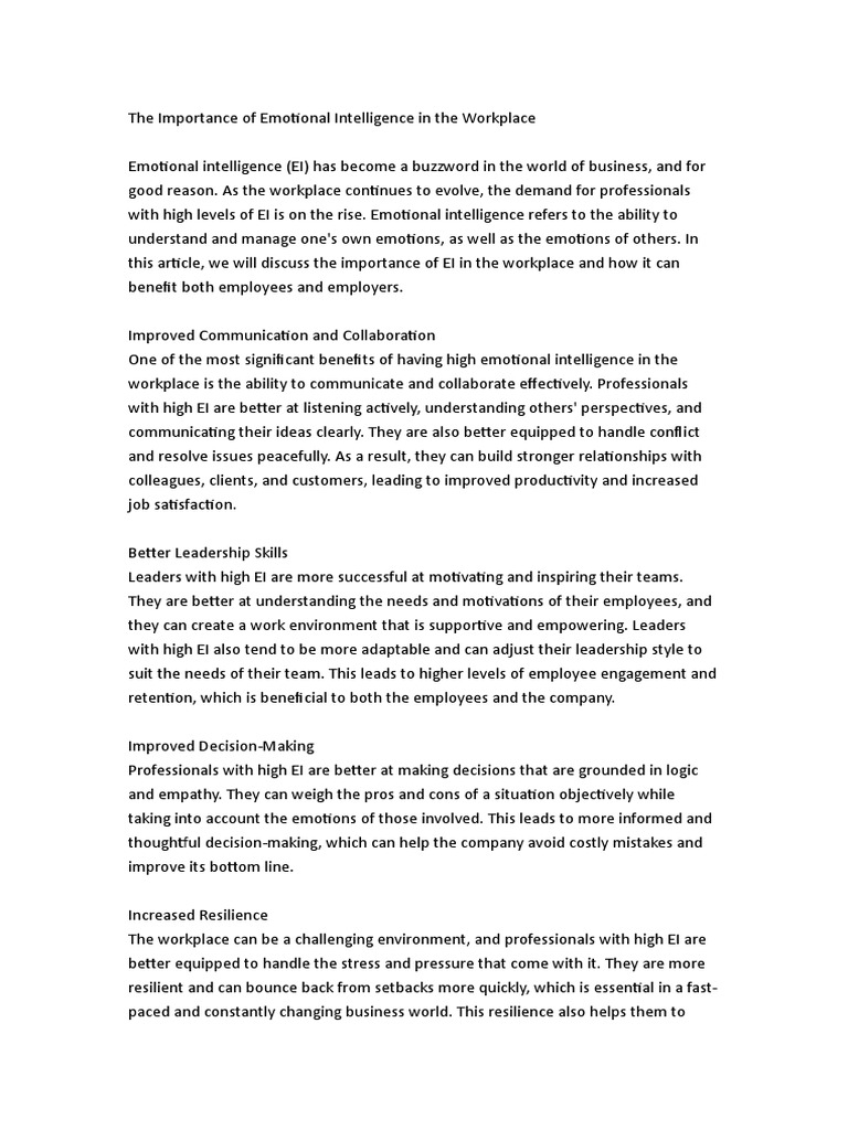 The Importance of Emotional Intelligence in The Workplace | PDF ...