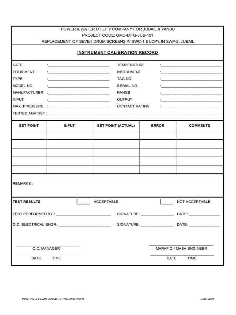 Pressure Switch Calibration Form PDF