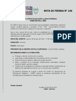 NOTA DE PRENSA #146 - Aviso de Corto Plazo Ante Lluvias Intensas