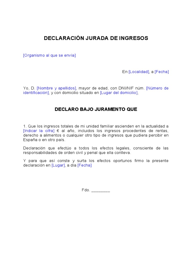Modelo de Declaración Jurada de Ingresos | PDF
