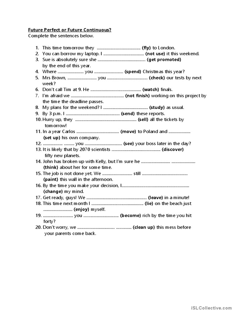 FUTURE PERFECT CONTINUOUS WORKSHEET PDF visual data 5