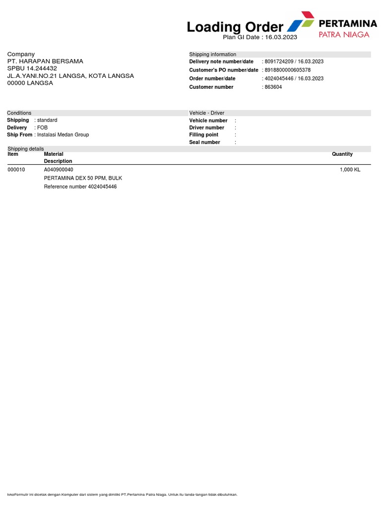 Loading Order Pengiriman Pertamina | PDF