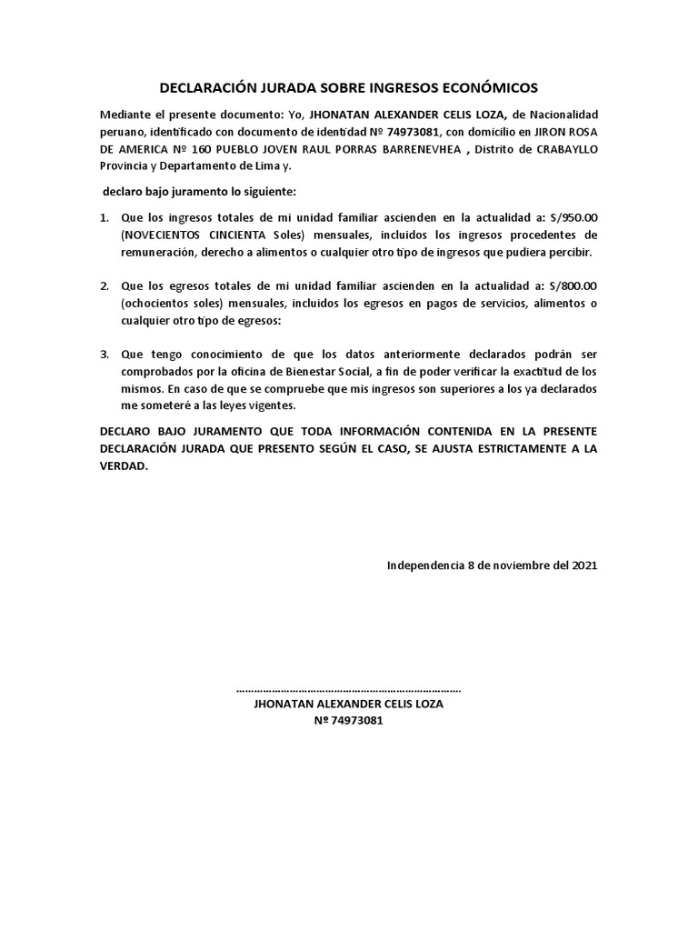 Declaración Jurada de Ingresos Económicos | PDF | Política | Derecho