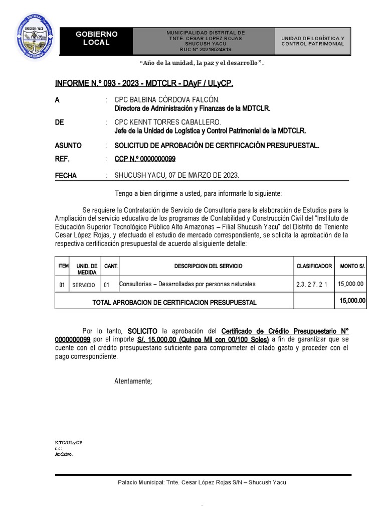 Informe #093-2023-Solicitud de Aprobacion de Certificacion Ptal ...
