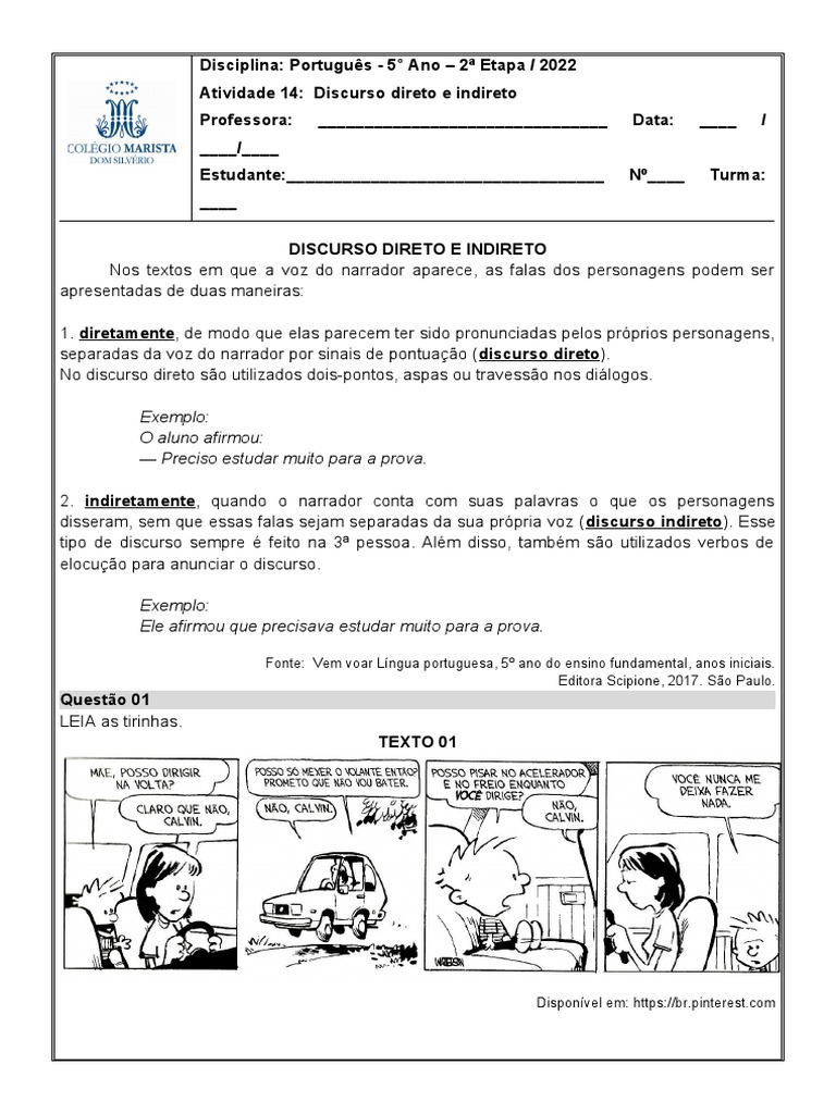 Atividades sobre Discurso Direto e Indireto | PDF | Discurso | Narrativa
