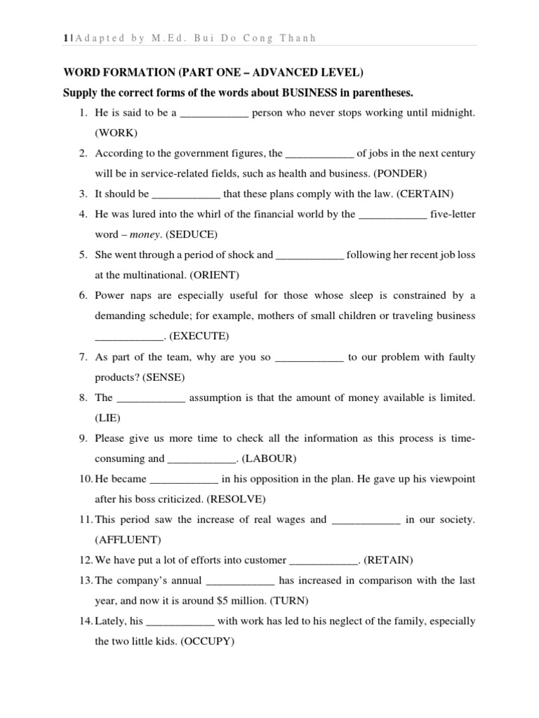 Word Formation Part One Advanced Pdf