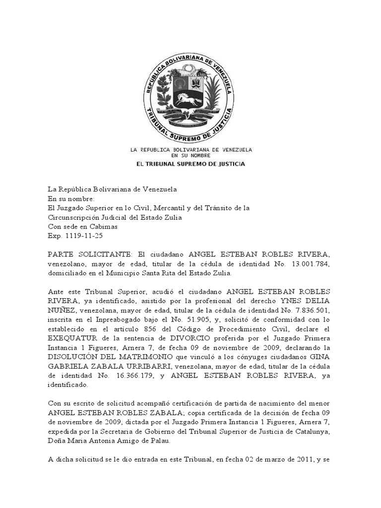 Solicitud de Exequatur en Divorcio | PDF | Divorcio | Sentencia (ley)