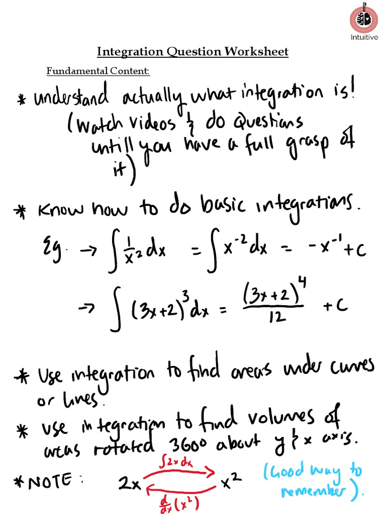 Integration question worksheet pdf