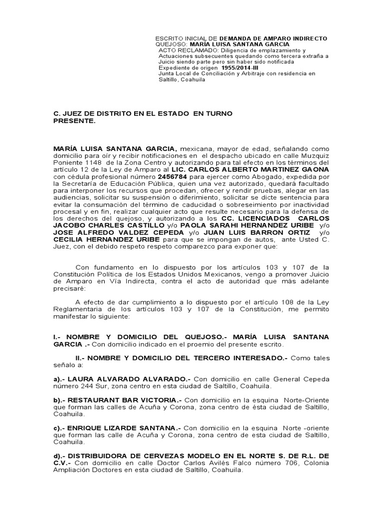 Demanda de Amparo de María Luisa Santana | PDF | Caso de ley | Demanda ...