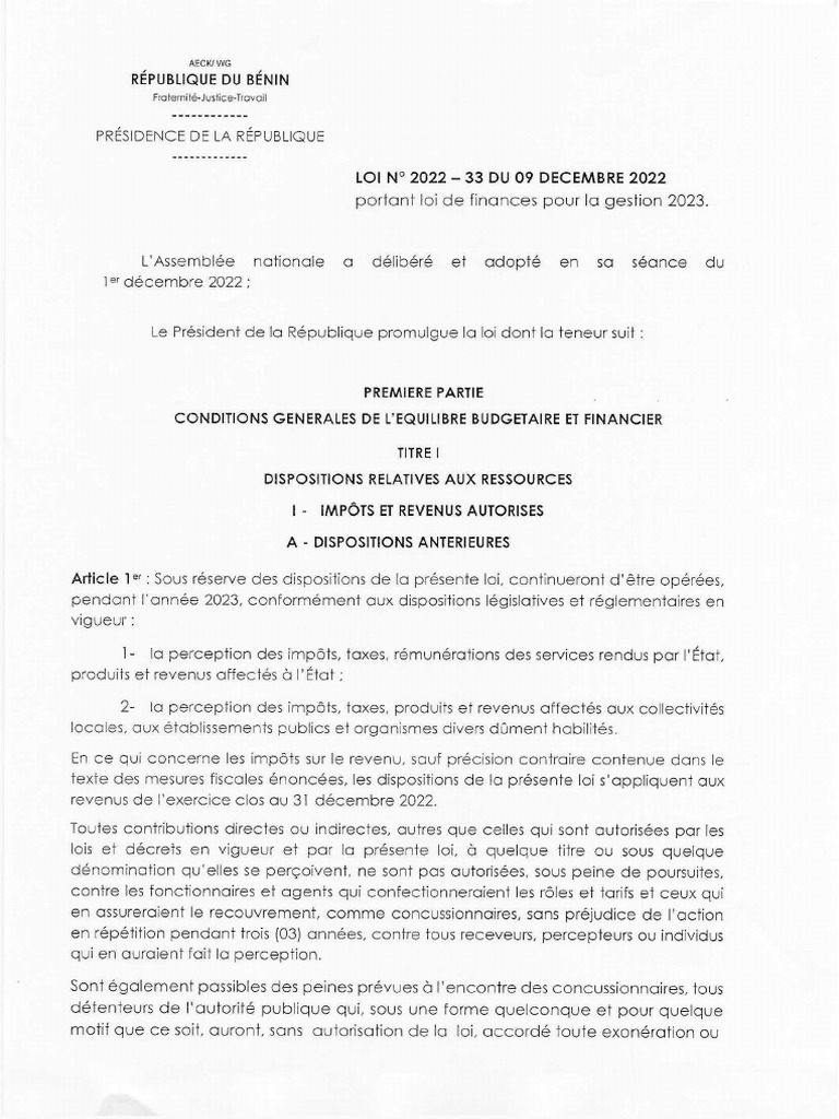 Bénin Loi de Finances 2023 | PDF