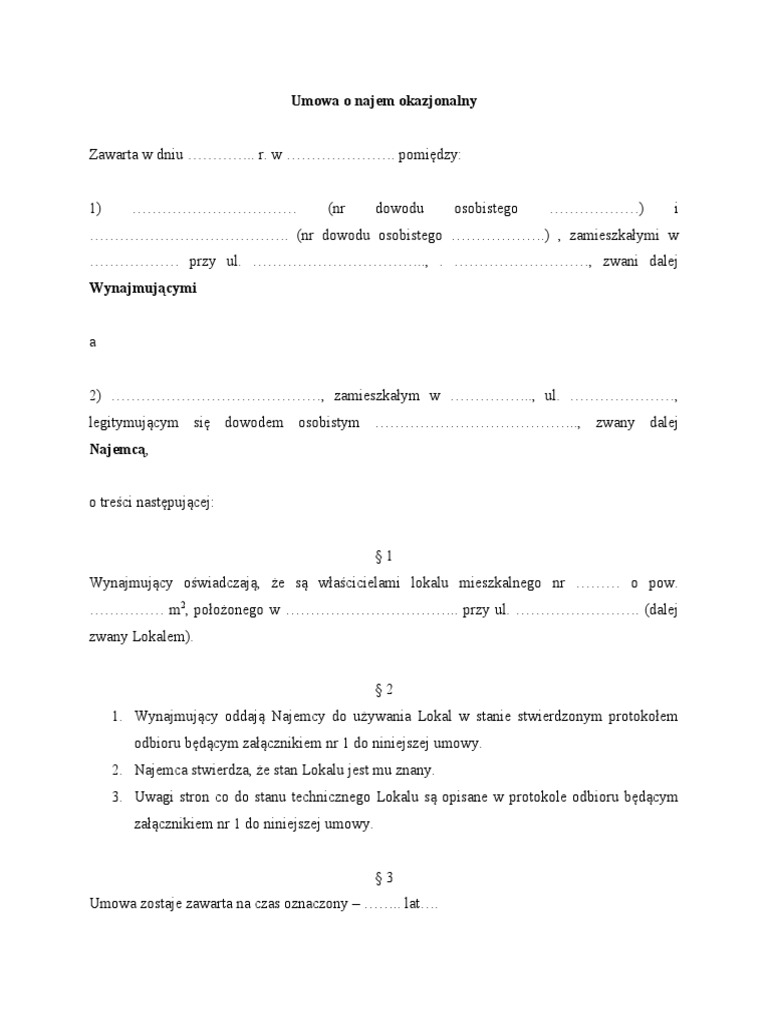 Umowa o Najem Okazjonalny | PDF
