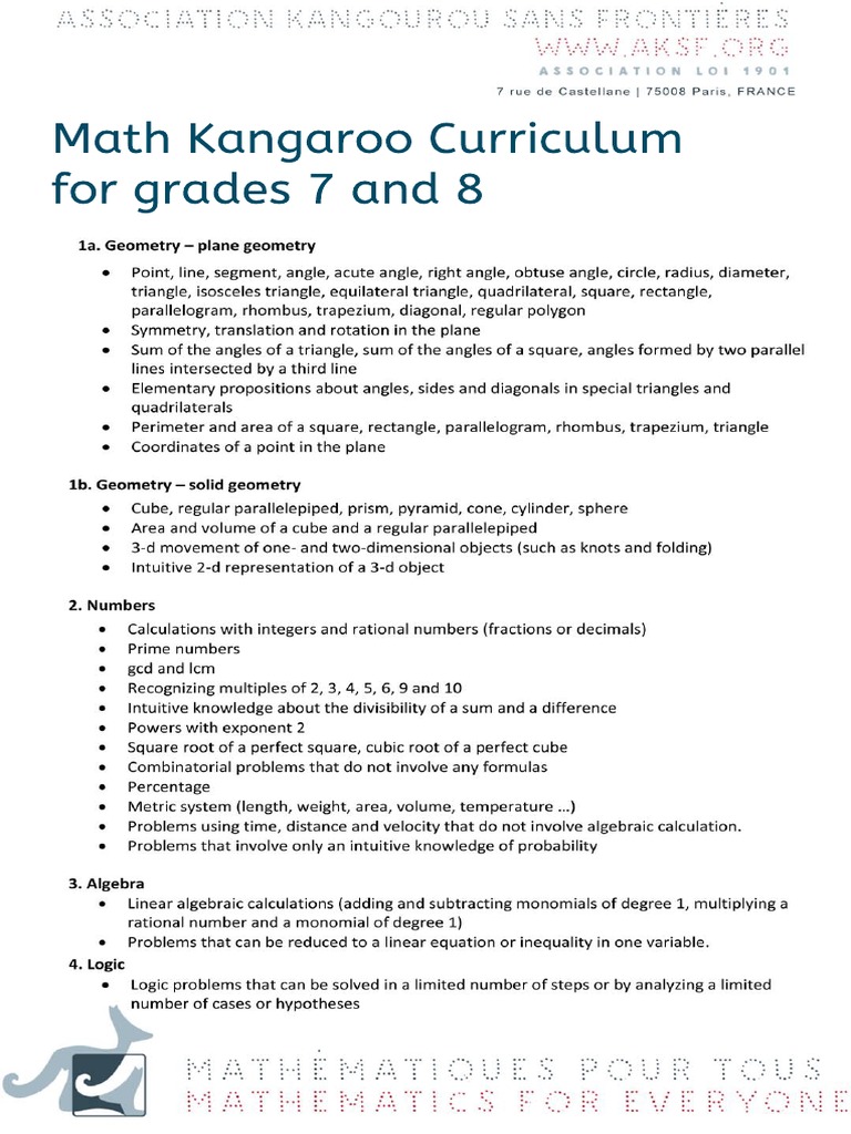 Math Kangaroo Curriculum For Grades 7 and 8 PDF PDF