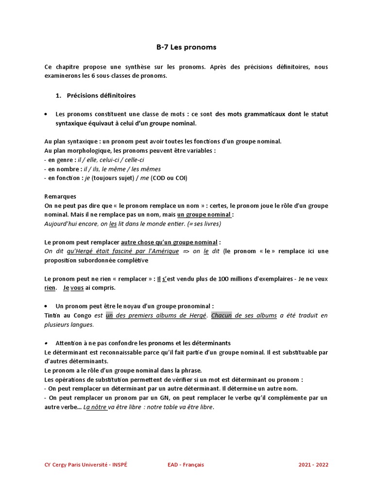 Synthèse sur les pronoms en français | PDF | Pronom | Clause