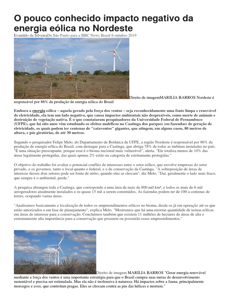 Impactos Negativos da Energia Eólica no Nordeste | PDF | Energia eólica ...