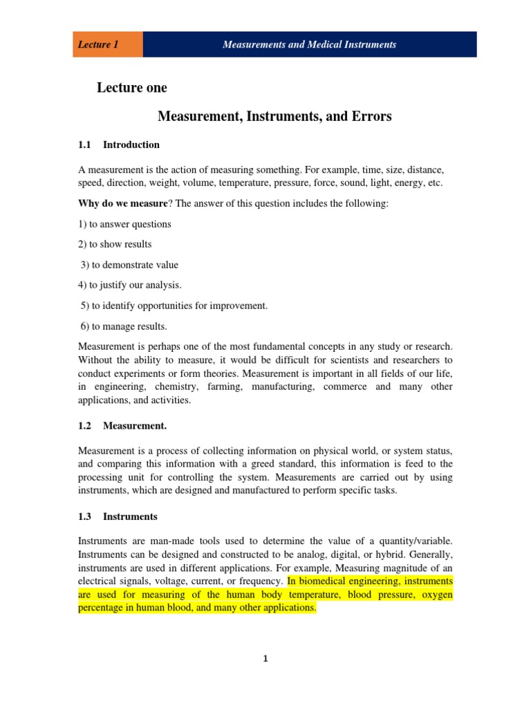 Fundamentals of Measurement An Introduction to Medical Instrumentation