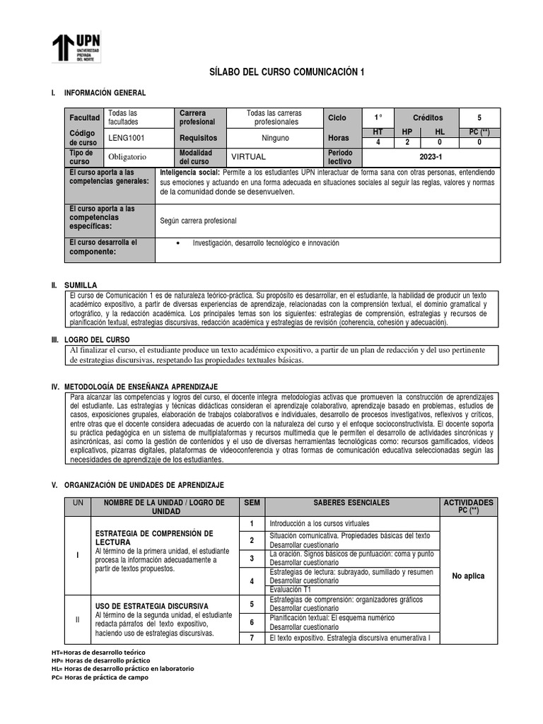 Sílabo Del Curso Comunicación 1 | PDF | Evaluación | Aprendizaje