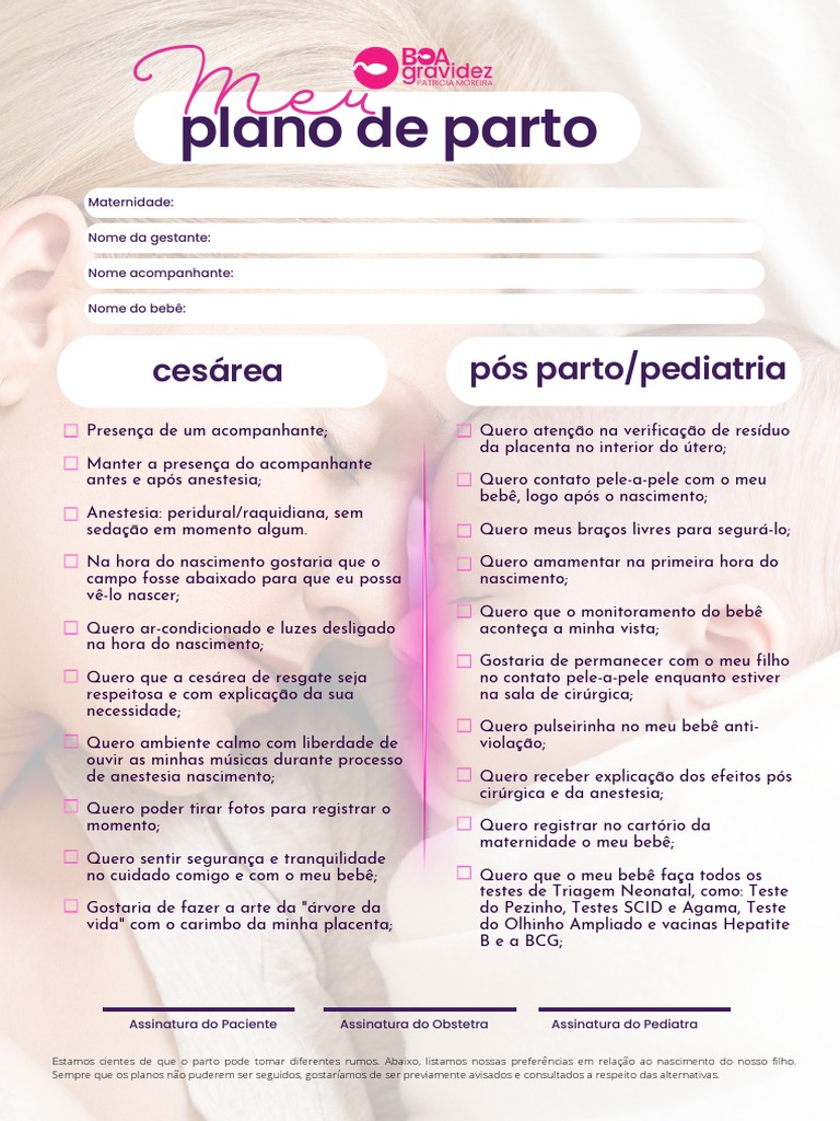 Plano de Parto: Cesárea Pós Parto/pediatria | Download grátis PDF ...