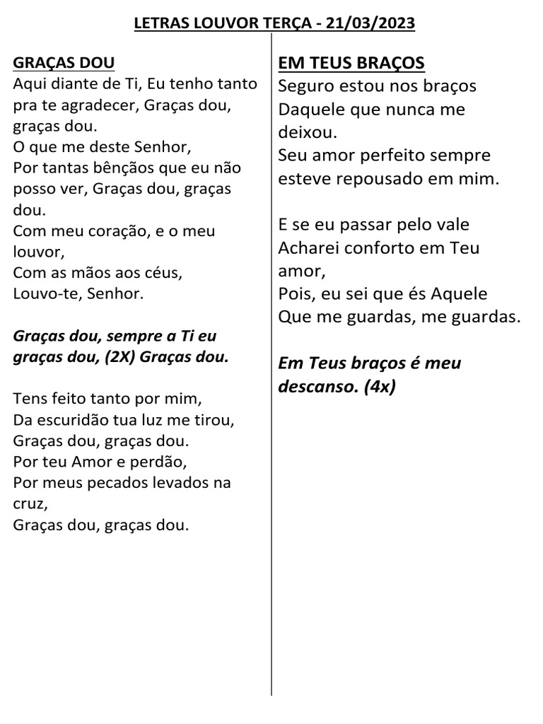 Letras Louvor Terça 21.03.2023 | PDF
