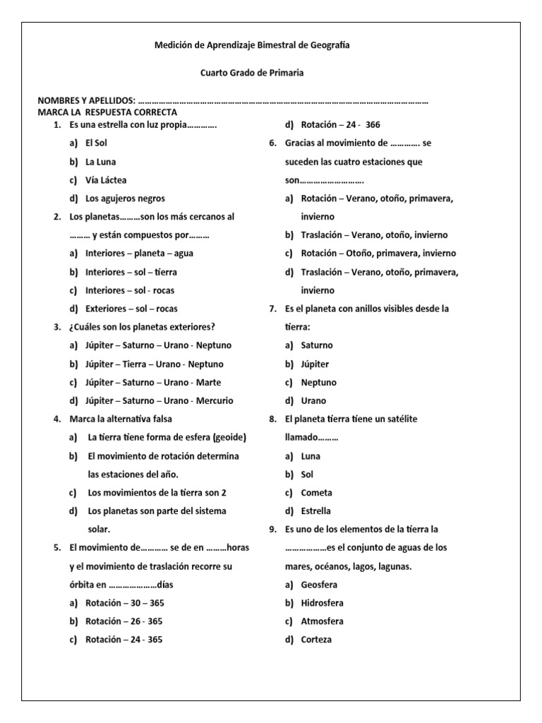 Ejercicios de Geografía 4to Grado | PDF | Tierra | Atmósfera