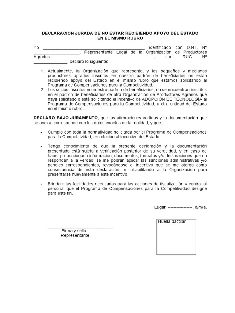 Modelo de Declaracion Jurada de No Percibir Apoyo Del Estado | PDF
