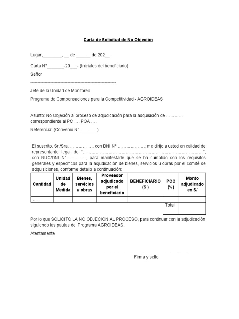 Carta de Solicitud de No Objeción PDF